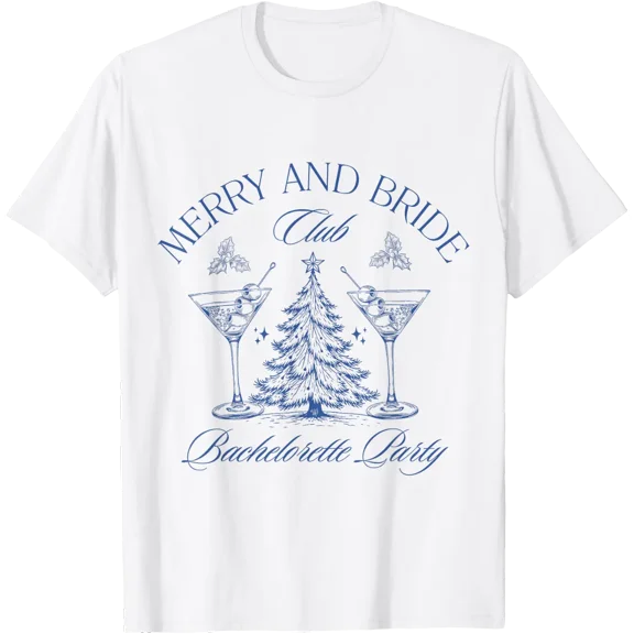 Merry And Bride Cute Christmas Bachelorette Party T-Shirt Size S-5XL