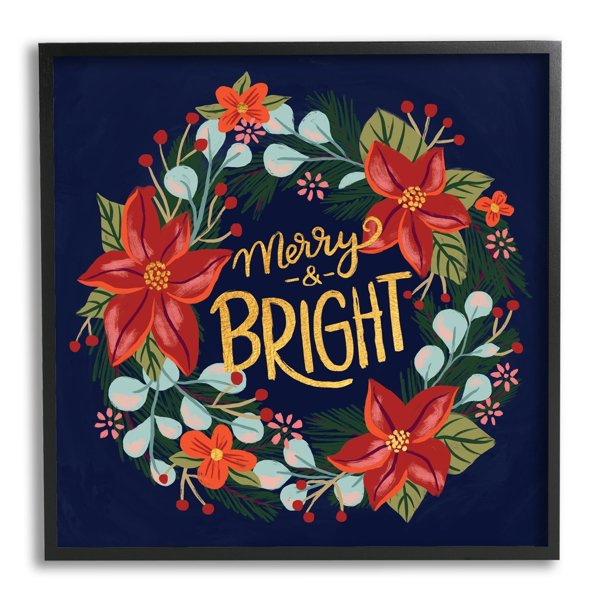 Merry And Bright Calligraphy Floral Poinsettia Wreath Botanical & Floral Graphic Art Framed Art Print Wall Art
