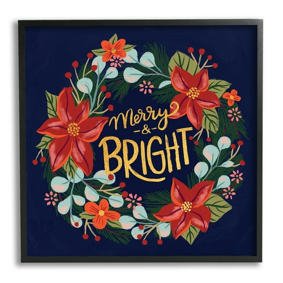 Merry And Bright Calligraphy Floral Poinsettia Wreath Botanical & Floral Graphic Art Framed Art Print Wall Art