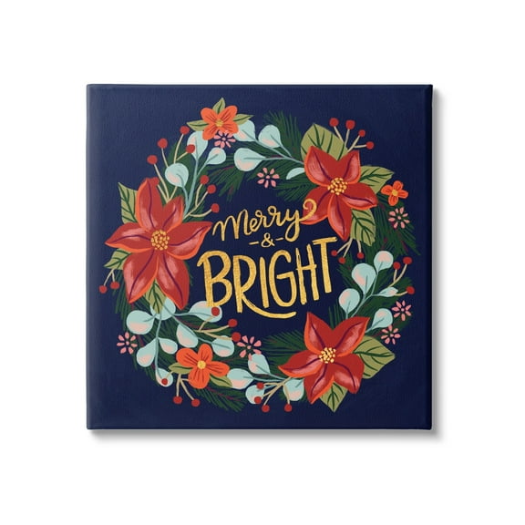Merry And Bright Calligraphy Floral Poinsettia Wreath Botanical & Floral Graphic Art Gallery-Wrapped Canvas Print Wall Art