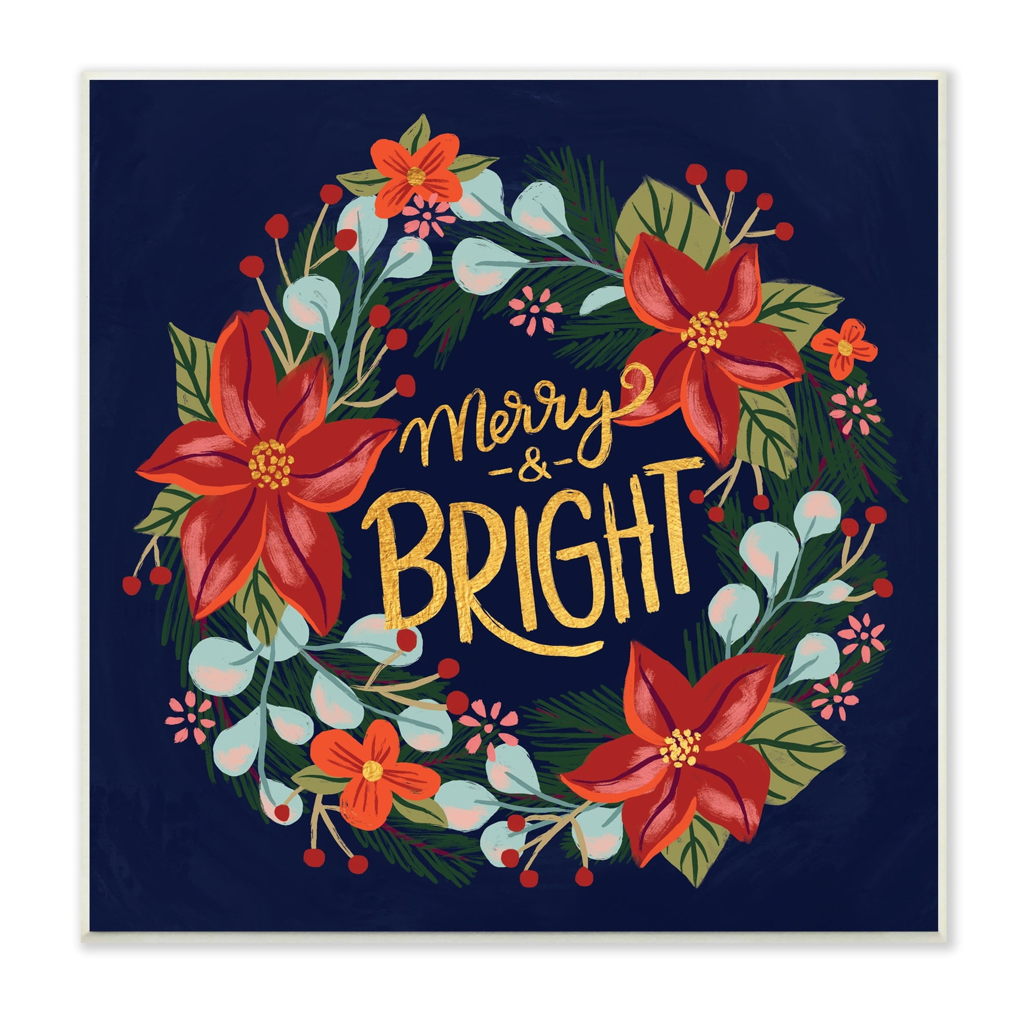 Merry And Bright Calligraphy Floral Poinsettia Wreath Botanical & Floral Graphic Art Unframed Art Print Wall Art