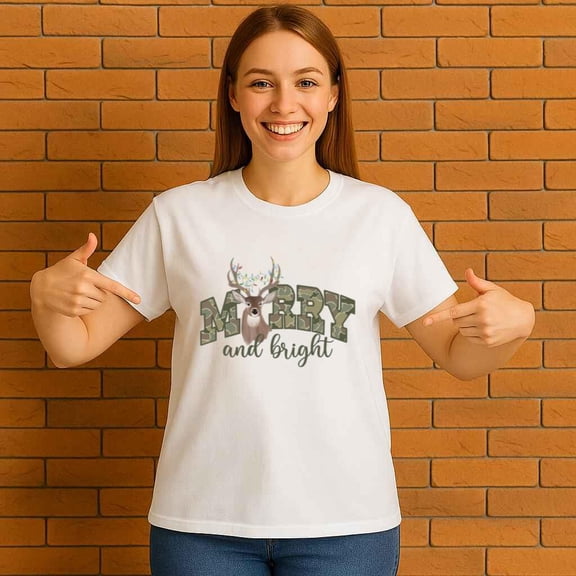 Merry And Bright Camo Deer With Christmas Lights Hunter T Shirt,for men and women up to 5XL