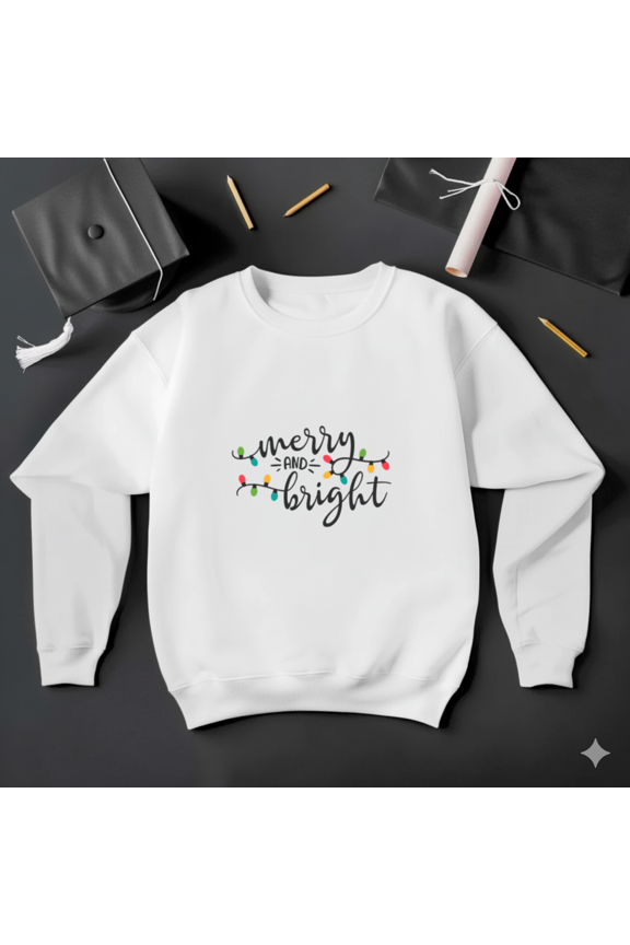 Merry And Bright Christmas Lights Holiday Cheer Typography Sweatshirt, up to size 5XL