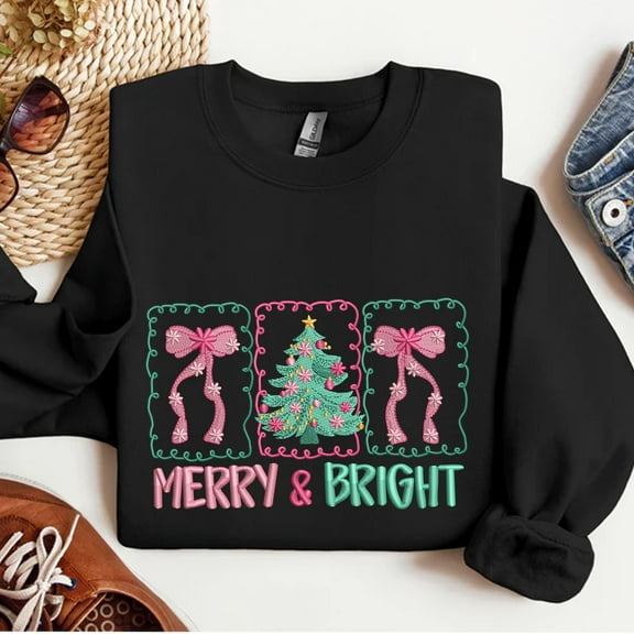 Merry And Bright Embroidered Sweatshirt, Merry Christmas Embroidered Shirt, Christmas Tree And Pink Bow Shirt, Winter Season Gift