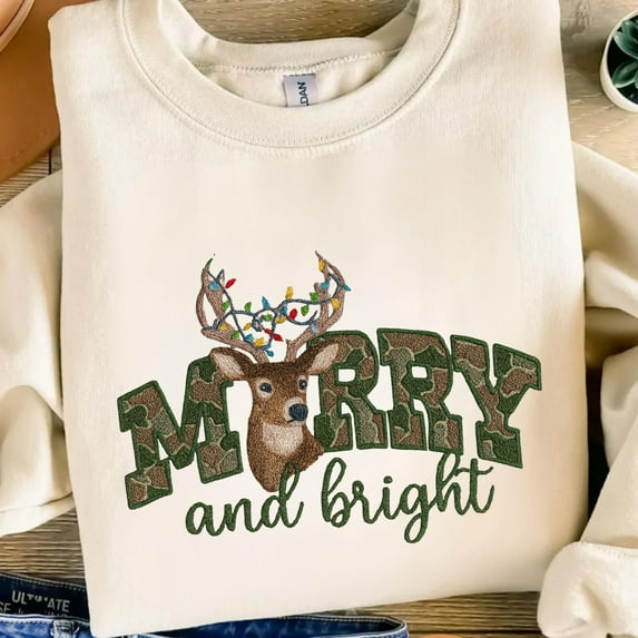 Merry And Bright Embroidery File Deer Antlers With Christmas Lights Holiday Embroidery Pattern Festive Stitch Design Digital File For Shirts