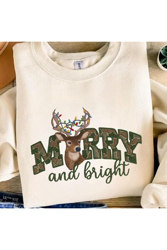 Merry And Bright Embroidery File Deer Antlers With Christmas Lights Holiday Embroidery Pattern Festive Stitch Design Digital File For Shirts