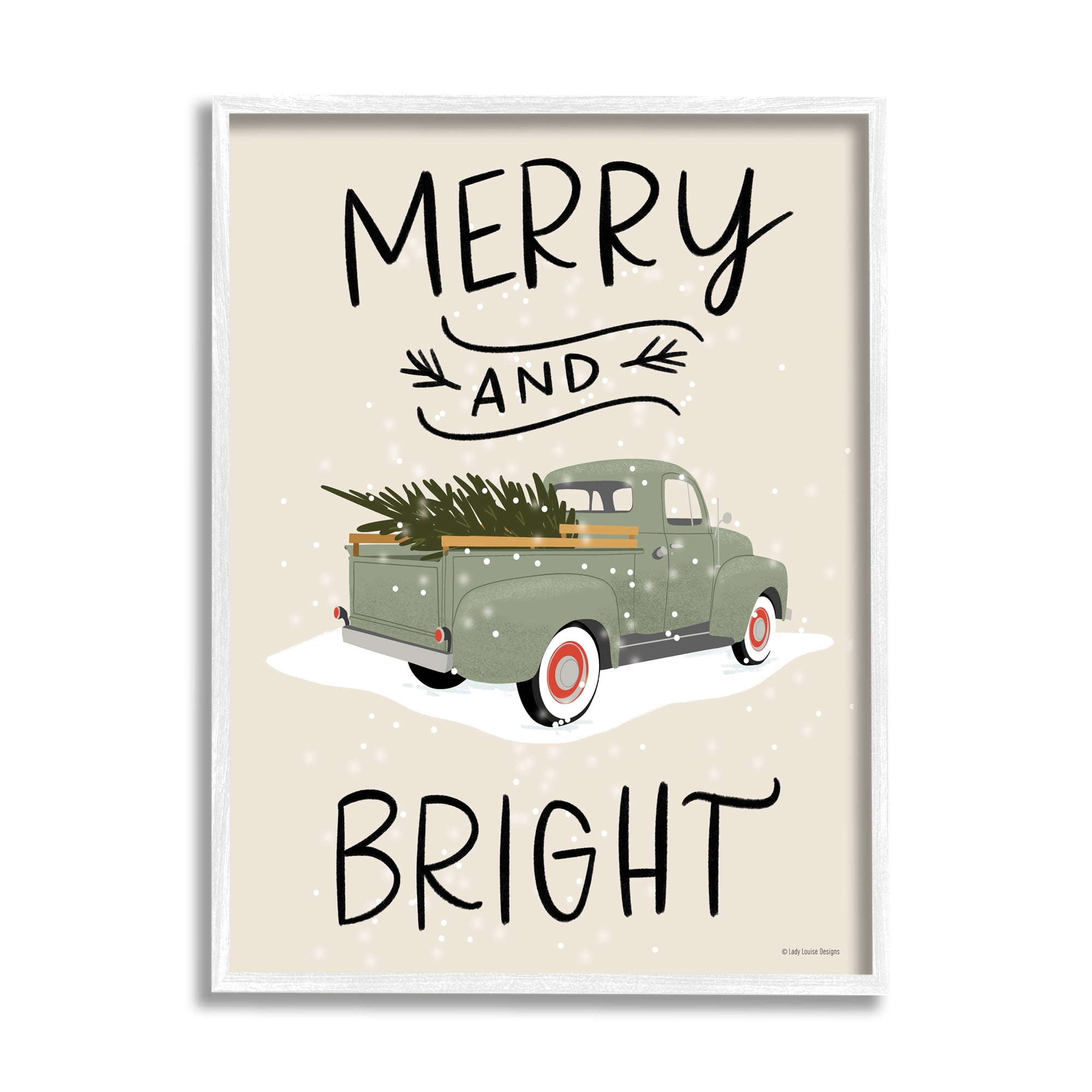 Merry And Bright Holiday Typography Fir Tree Truck Transportation Graphic Art Framed Art Print Wall Art