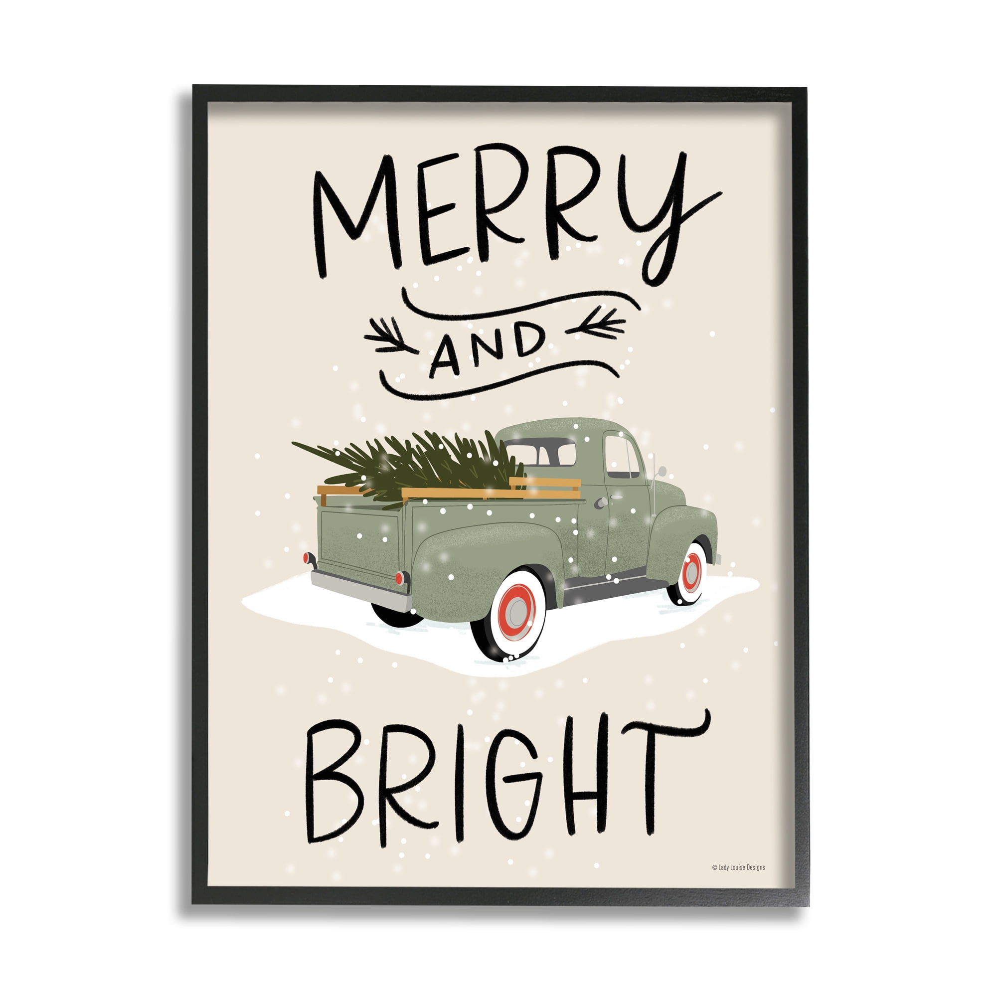Merry And Bright Holiday Typography Fir Tree Truck Transportation Graphic Art Framed Art Print Wall Art