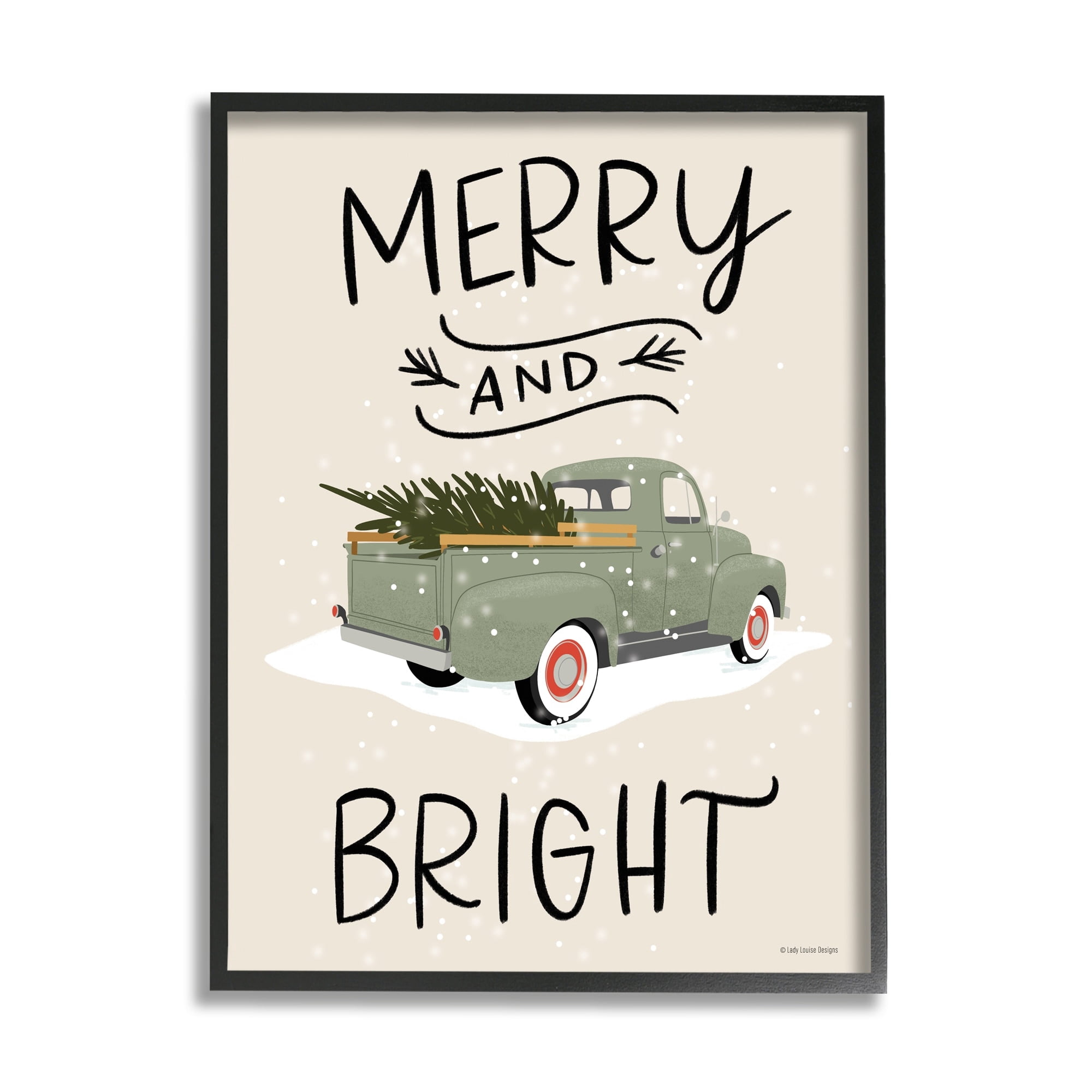 Merry And Bright Holiday Typography Fir Tree Truck Transportation Graphic Art Framed Art Print Wall Art
