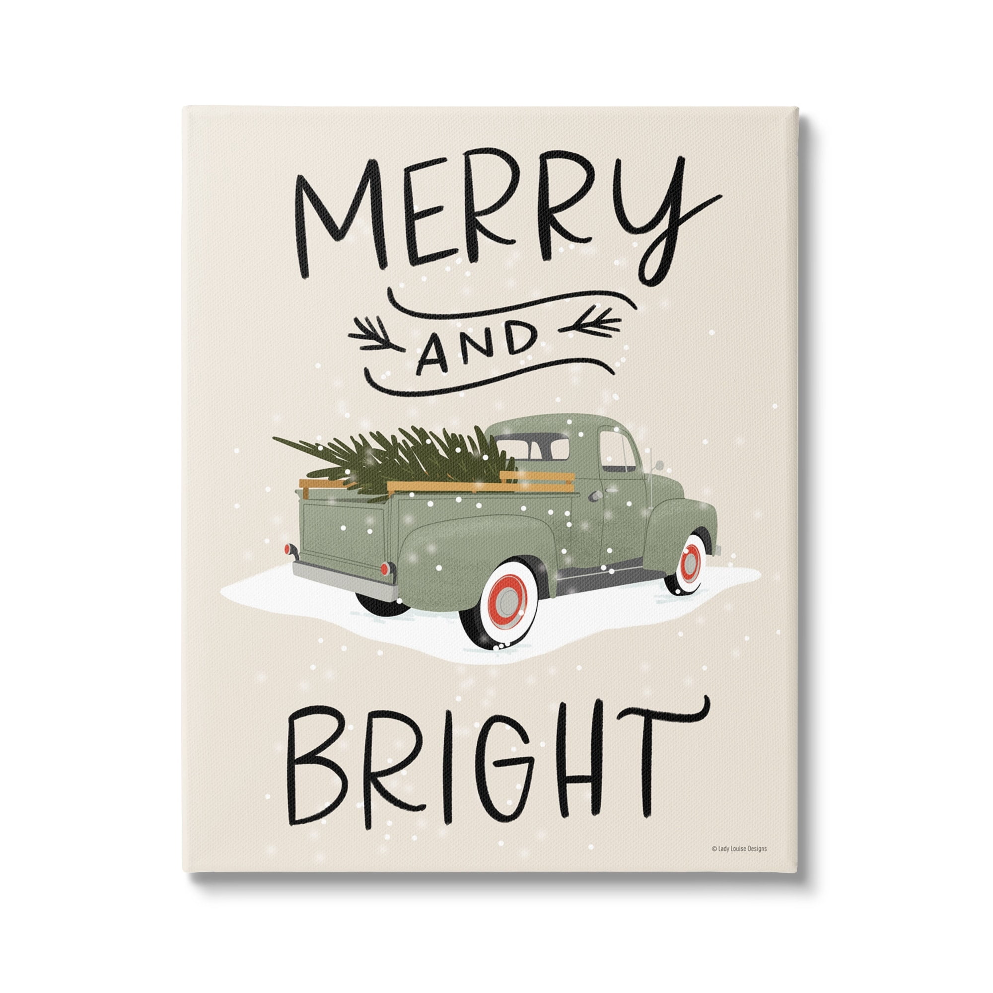 Merry And Bright Holiday Typography Fir Tree Truck Transportation Graphic Art Gallery-Wrapped Canvas Print Wall Art