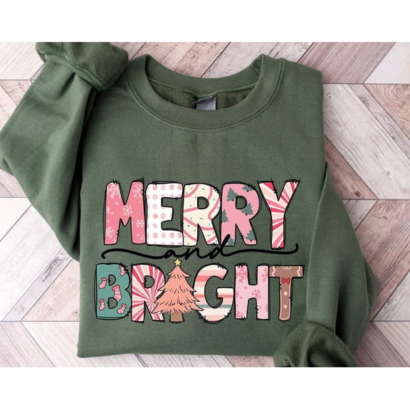 Merry And Bright Sweatshirt For Women, Pink Merry & Bright Sweatshirt, Pink Sweatshirt, Sweatshirt For Women, , Sweatshirt Size S-5Xl