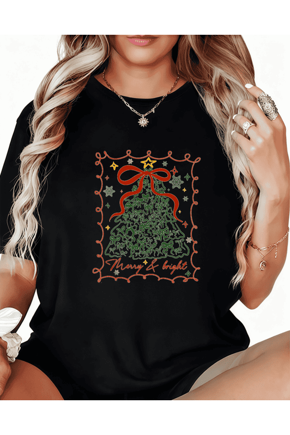 Merry And Bright Tree Print Tshirt Black Graphic Tees Shirts S-5XL Christmas Tops