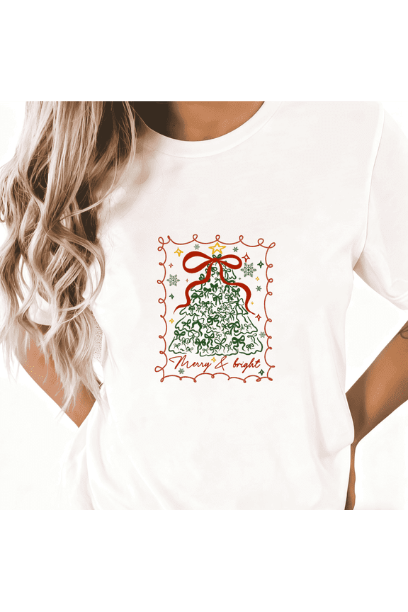 Merry And Bright Tree Print Tshirt trendy and popular round-neck design is retro White Graphic Tees Shirts S-5XL Christmas Classic Tops