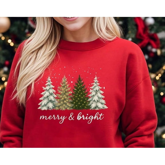 Merry And Bright Tree Sweater, Sweatshirt, Jumper, Jumpers For Women, Santa,Raindeer, Four Tree (Swt), Sweatshirt Size S-5Xl
