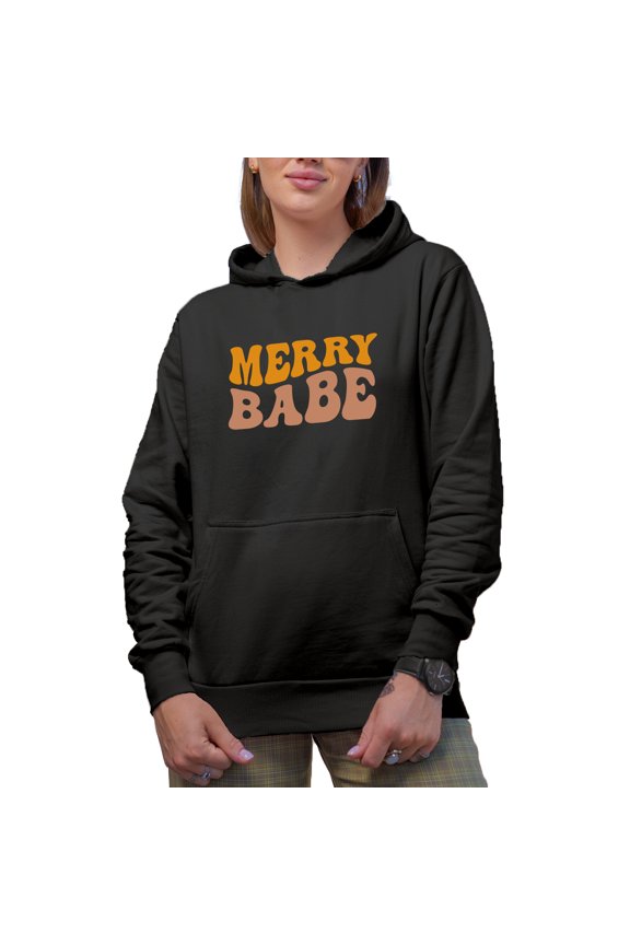 Merry Babe, Christmas or Winter Season Themed, Groovy Retro Wavy Text Merch Gift, Black Hooded Sweatshirt or Hoodie, Small