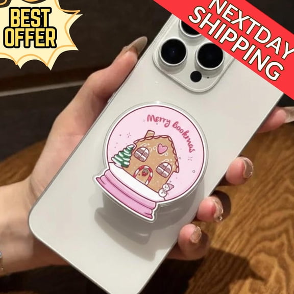 Merry Bookish Snow Globe Magnetic Phone Grip: Cute Gingerbread House Design, Festive PopSocket for Book Lovers, Magsafe Phone Holder