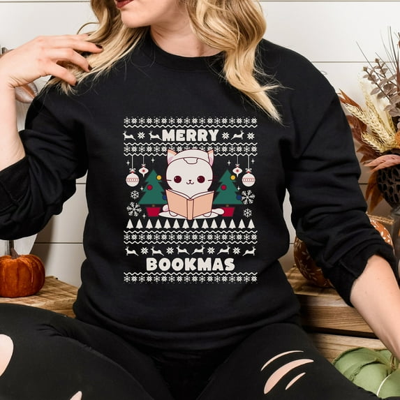 Merry Bookmas Christmas Ugly Sweater, Christmas Reading Sweatshirt, Bookworm Librarian Tee, Book Lover Shirt, Christmas Cat Sweatshirt (Sizes:2XL; Colors:Black;)