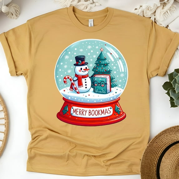 Merry Bookmas Snow Globe T-Shirt | Cute Book Lover Holiday Reading Tee, Gold, Size M
