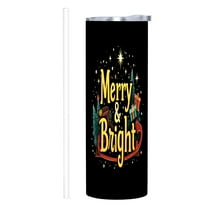 Merry & Bright 20 oz Stainless Steel Insulated Tumbler - Festive Christmas Design with Star Train & Presents Includes Lid & Straw
