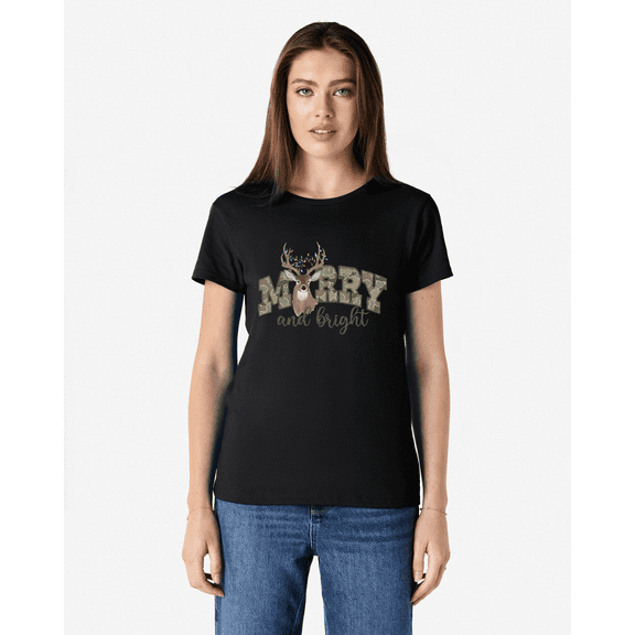 Merry Bright Camo Deer Christmas Lights Hunter Graphic Unisex T-Shirt V12801, up to Size 5XL