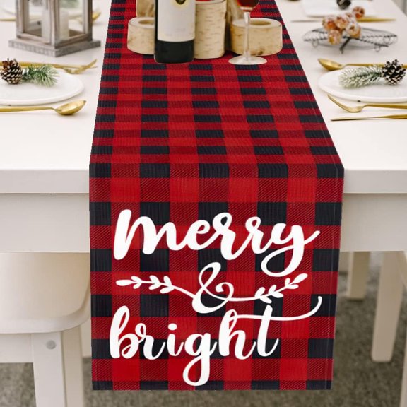 Merry and Bright Christmas Black Red Buffalo Plaid Table Runner, Seasonal Winter Xmas Holiday Kitchen Dining Table Decoration for Indoor Outdoor Home Party Decor Table Cloth 13 x 72 Inch