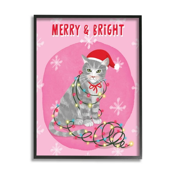 Merry & Bright Christmas Cat Holiday Graphic Art Black Framed Art Print Wall Art