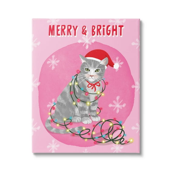 Merry & Bright Christmas Cat Holiday Graphic Art Gallery Wrapped Canvas Print Wall Art