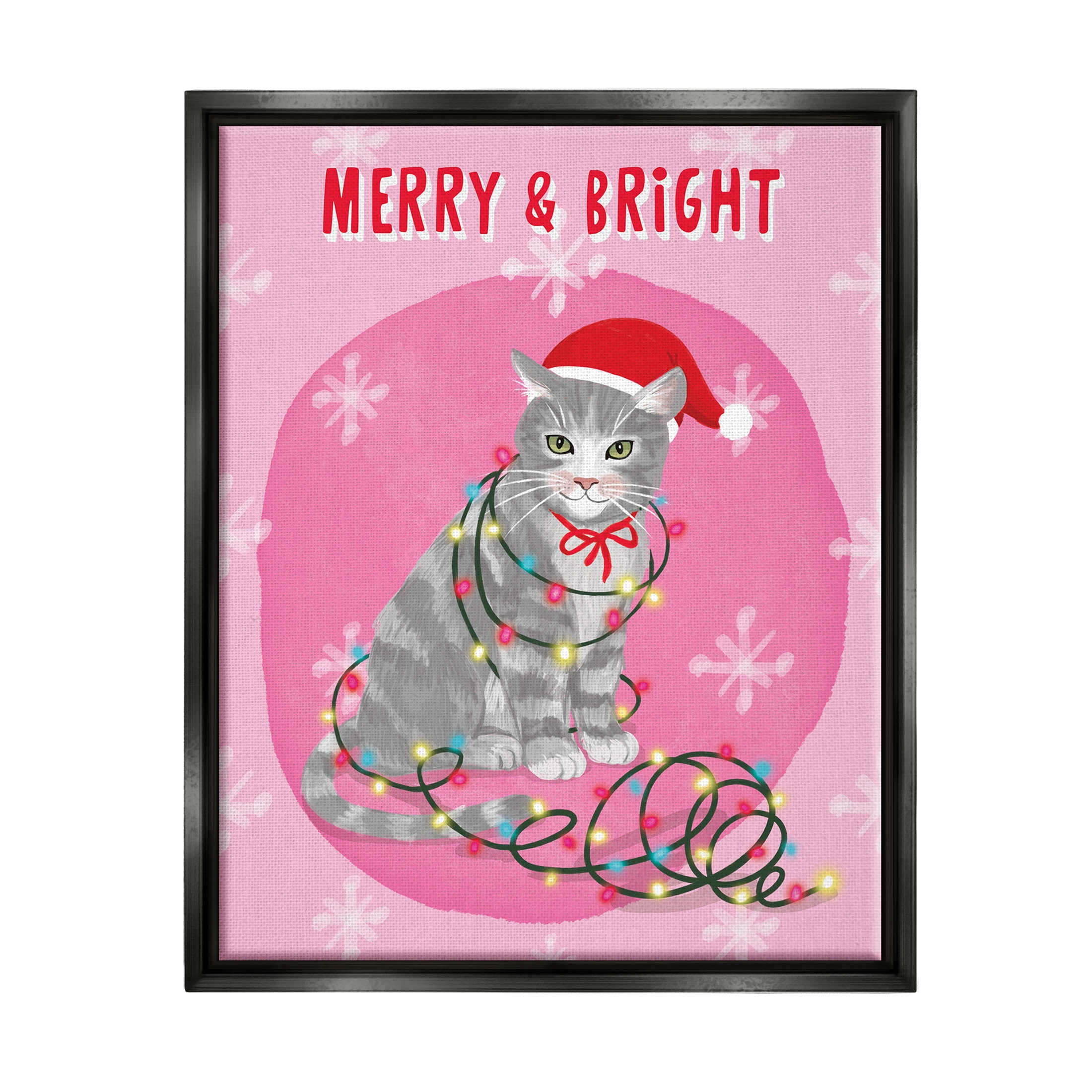 Merry & Bright Christmas Cat Holiday Graphic Art Jet Black Framed Art Print Wall Art