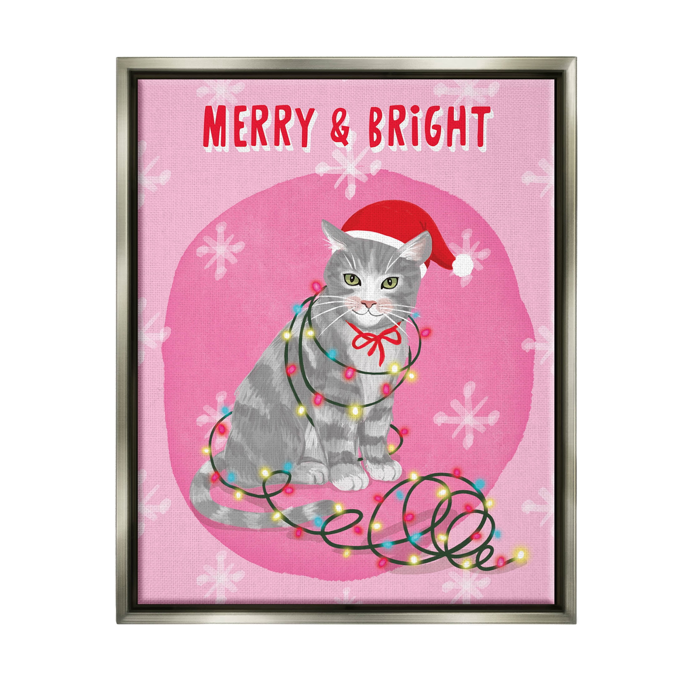 Merry & Bright Christmas Cat Holiday Graphic Art Luster Gray Framed Art Print Wall Art