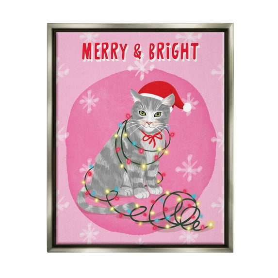 Merry & Bright Christmas Cat Holiday Graphic Art Luster Gray Framed Art Print Wall Art