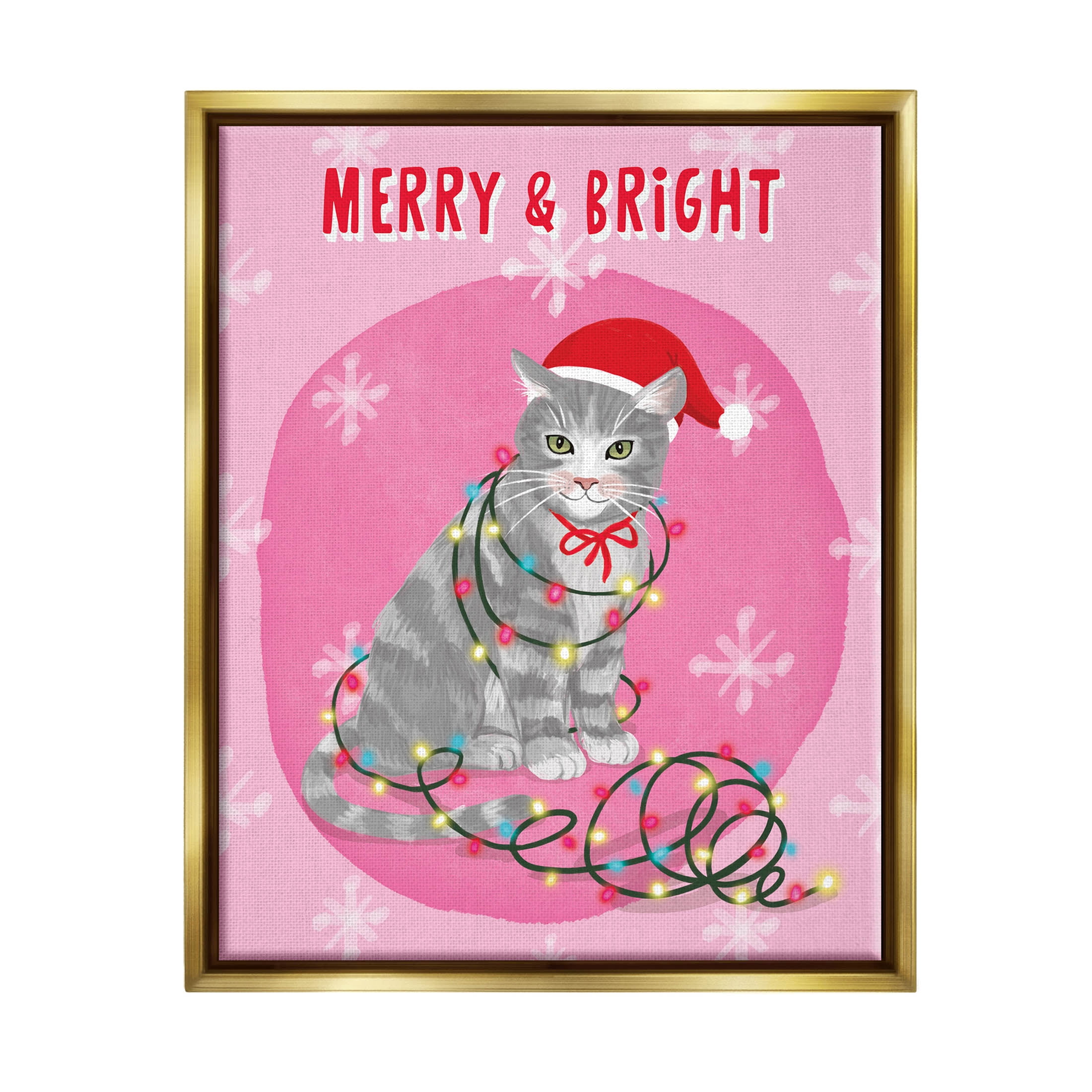 Merry & Bright Christmas Cat Holiday Graphic Art Metallic Gold Framed Art Print Wall Art