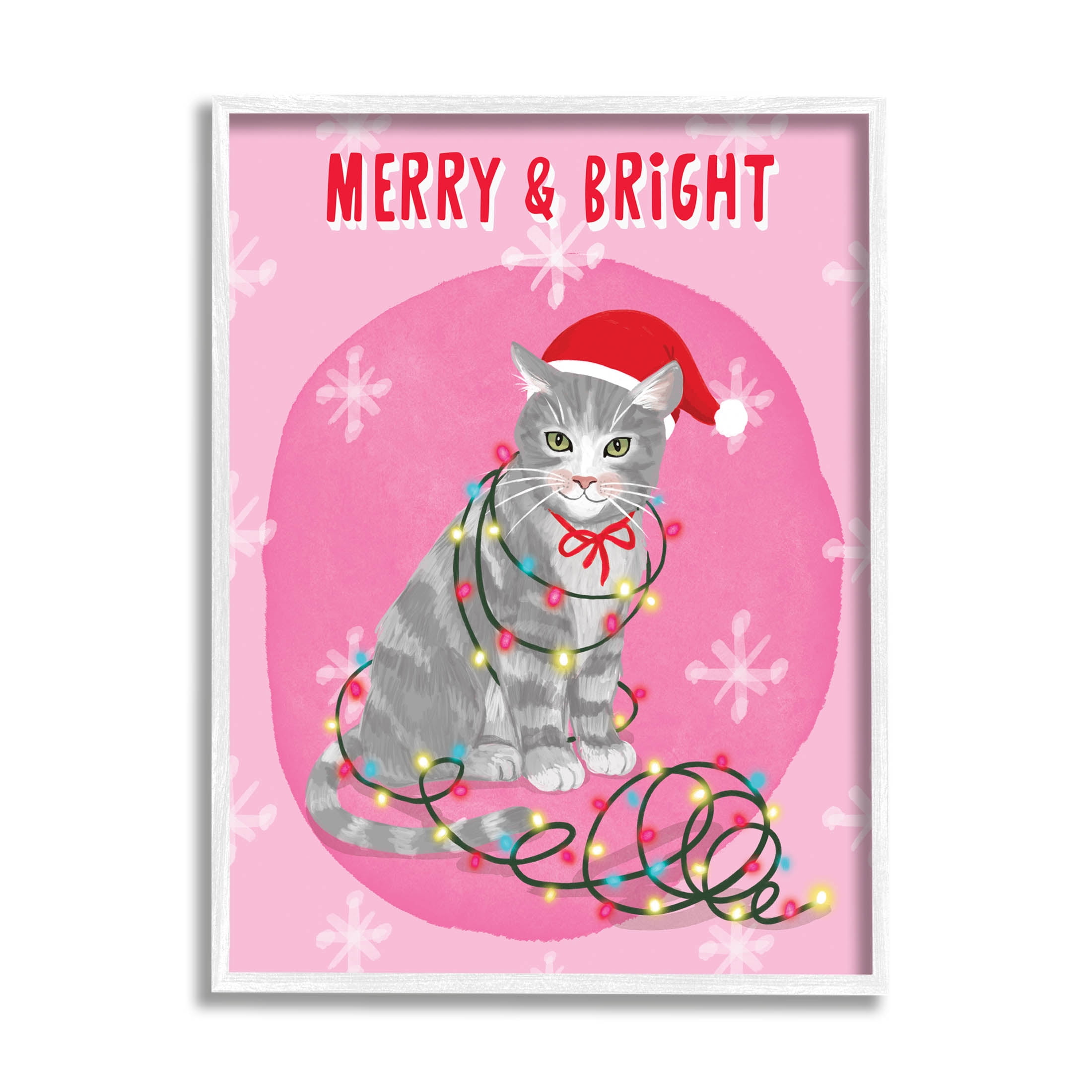Merry & Bright Christmas Cat Holiday Graphic Art White Framed Art Print Wall Art