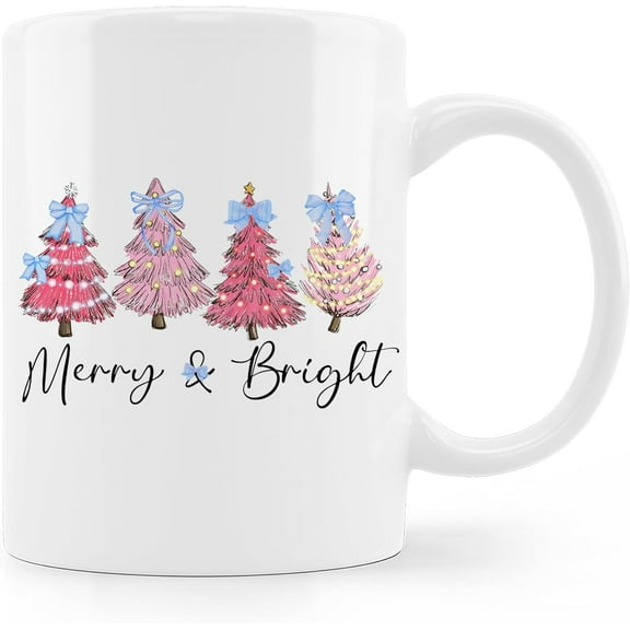 Merry and Bright Christmas Coffee Mug, Christmas Tree Coffee Mug, Coquette Blue Bow Christmas Tree Mug, Christmas Mug Gift, Christmas Ceramic Coffee Mug 11 oz