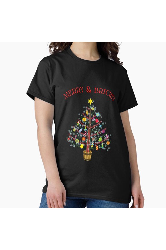 Merry & Bright Christmas Festive Holiday Joy Artwork Unisex T-Shirt, up to size 5XL