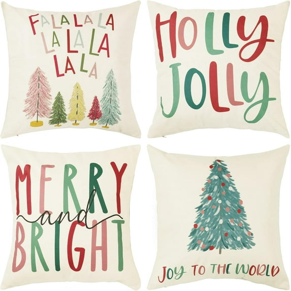 Merry Bright Christmas Pillow Covers Colorful Holiday Holly Jolly Set of 4 Winter Decorative Throw Pillow Covers Cushion Case for Home Sofa Bed Chair (20" L x 20" W)