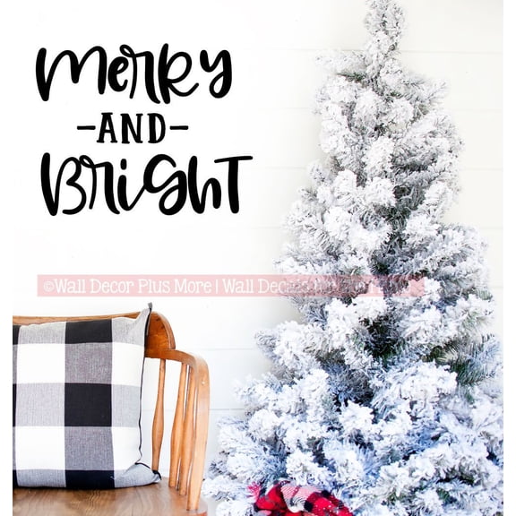Merry and Bright Christmas Sticker - Holiday Vinyl Wall Art Decal - Winter Quote Decals for Walls - Christmas Quotes Wall Decor for Kitchen Living Room Office - 23x18 Inch Black
