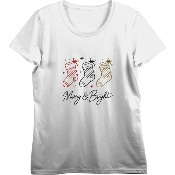 Merry & Bright Christmas Stocking Line Art Women's Vivid White Crew Neck Short Sleeve Crop Tee-Medium