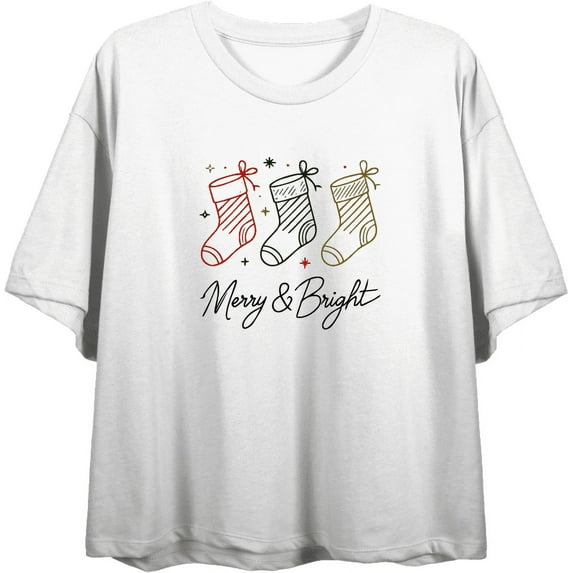 Merry & Bright Christmas Stocking Line Art Women's White Crew Neck Short Sleeve Crop Tee-Medium