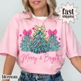 thumbnail image 1 of Merry & Bright Christmas Tree Graphic Print T-Shirt | Pink Holiday Bow Design | Comfort Colors Blossom Tee, 1 of 7