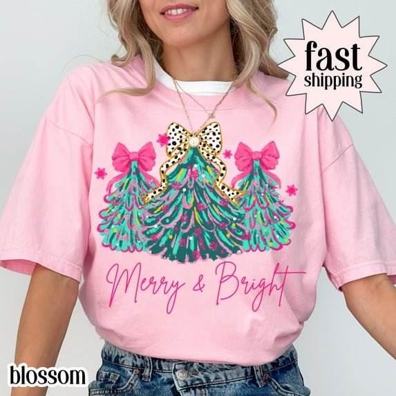 Merry & Bright Christmas Tree Graphic Print T-Shirt | Pink Holiday Bow Design | Comfort Colors Blossom Tee