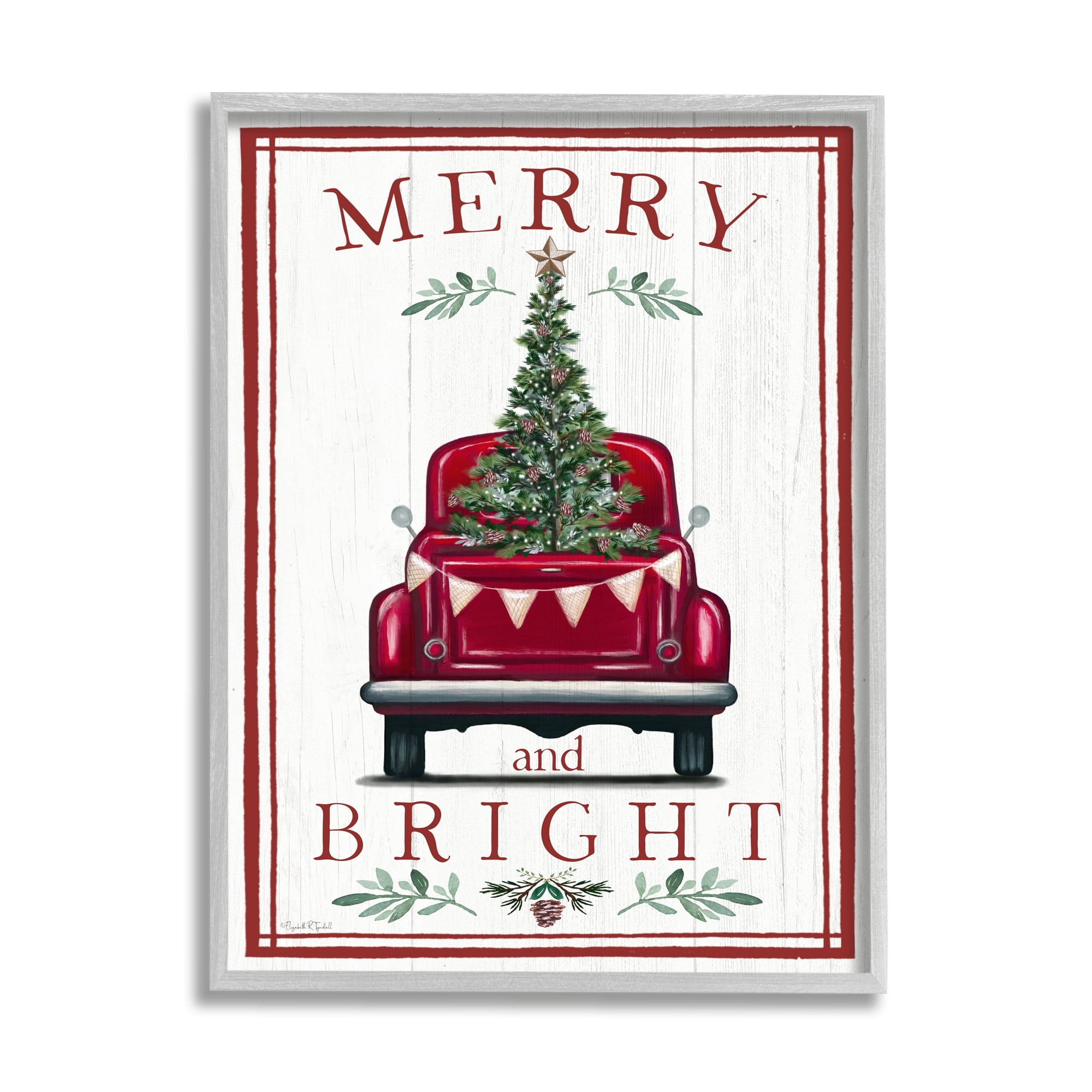 Merry & Bright Christmas Tree In Truck Rustic Botanicals Transportation Graphic Art Framed Art Print Wall Art