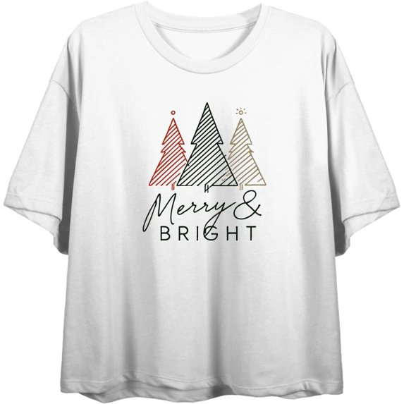 Merry & Bright Christmas Tree Line Art Women's White Crew Neck Short Sleeve Crop Tee-3XL
