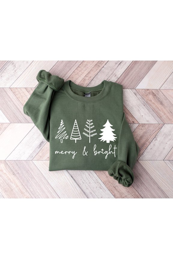 Merry & Bright Christmas Trees Sweatshirt, Christmas Sweatshirt, Christmas Shirt, Winter Shirt, Holiday Sweater, Womens Holiday Sweatshirt