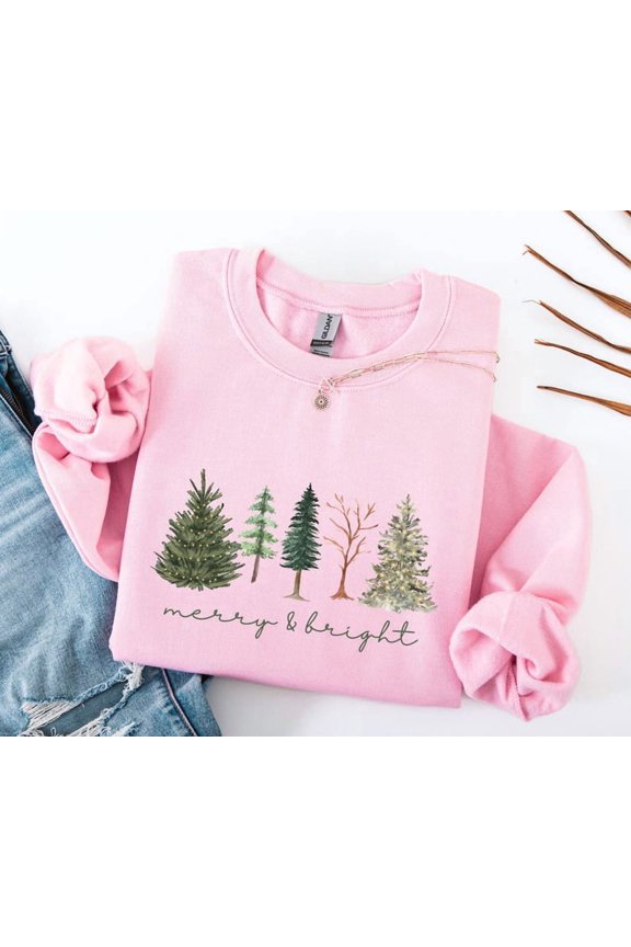 Merry & Bright Christmas Trees Sweatshirt, Christmas Sweatshirt, Holiday Sweater, Womens Holiday Sweatshirt, Christmas Shirt, Winter Shirt