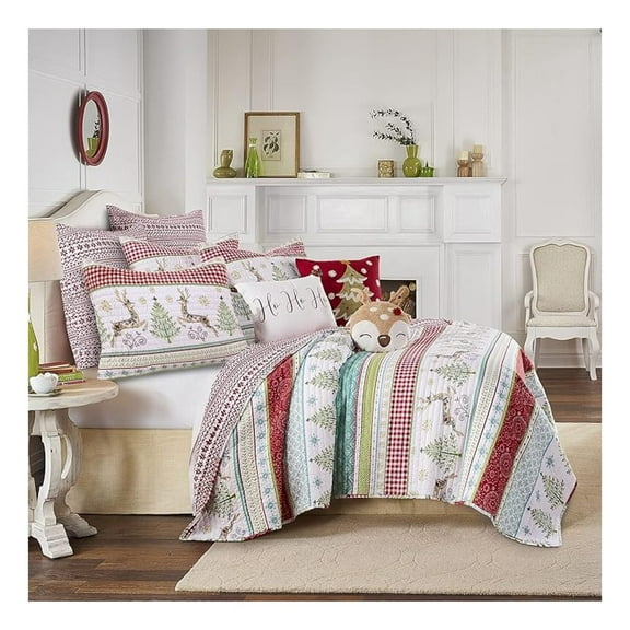 Merry & Bright Collecion - and Cupid Quilt - Full/Queen - Holiday Deer and Christmas Trees - Red Green White Teal - Quilt (86x86in) - Reversible - Microfiber