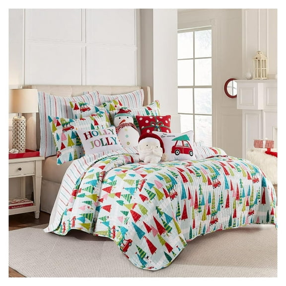 Merry & Bright Collecion - Holly Jolly Quilt - - Christmas Tree - Red Green Teal - Quilt (66x86in.) - Reversible - Microfiber