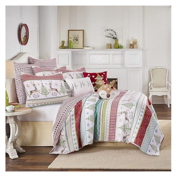 Merry & Bright Collection - and Cupid Quilt - Full/Queen - Holiday Deer and Christmas Trees - Red Green White Teal - Quilt (86x86in.) - Reversible - Microfiber