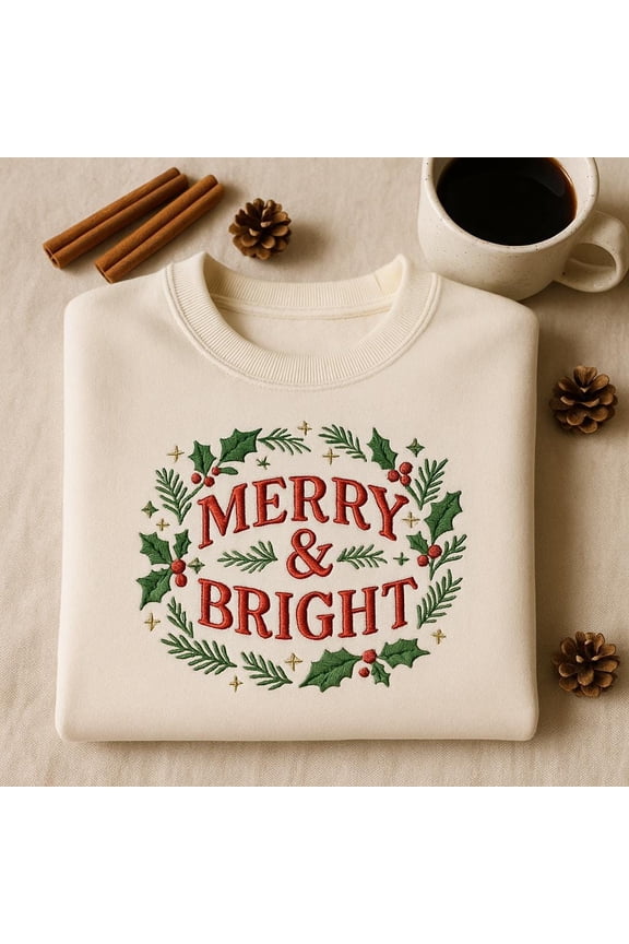 Merry & Bright Embroidered Christmas Sweatshirt, Holly Wreath Hoodie, Festive Holiday Crewneck, Vintage Xmas Shirt, Christmas Wreath Gift