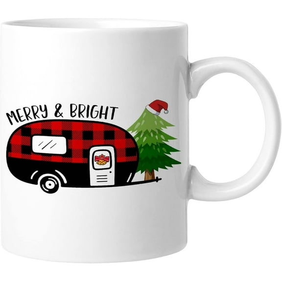 Merry And Bright Funny Coffee Mugs Christmas Buffalo Plaid Caravan Ceramic Coffee Mugs 11oz Merry Christmas Unique Gifts For Mom Dad Grandma Grandpa Women Men