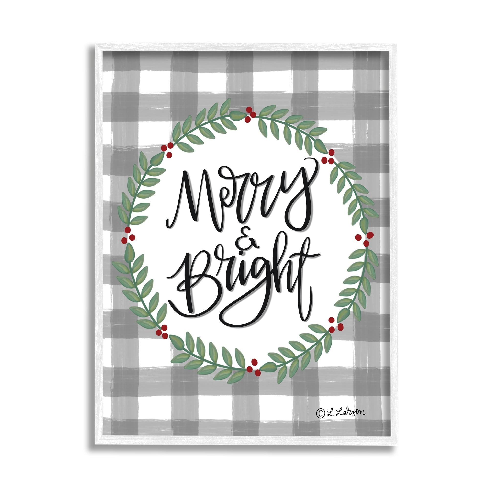 Merry & Bright Gingham Christmas Calligraphy Design Inspirational Graphic Art Framed Art Print Wall Art
